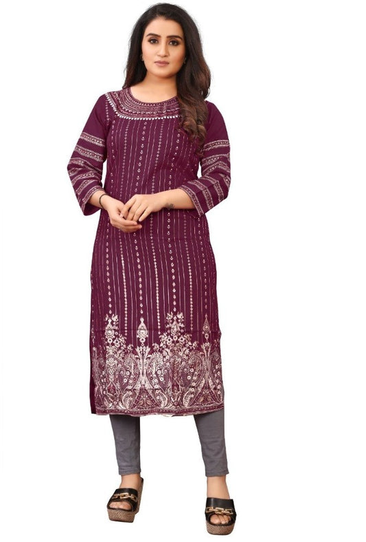 Generic Women's Cotton Blend Printed Pattern Calf Length Straight Kurti (Purple)