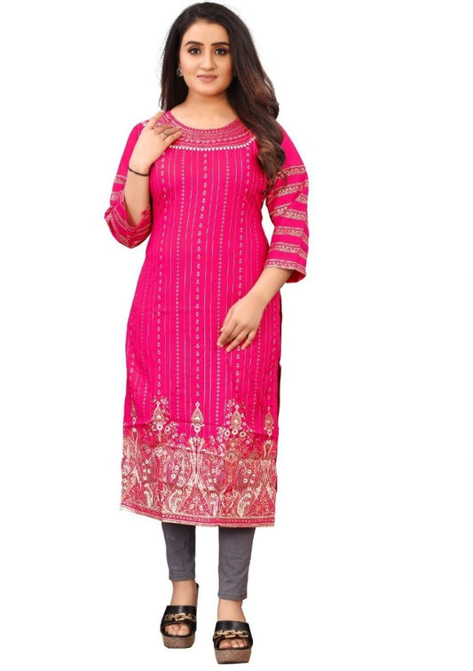 Generic Women's Cotton Blend Printed Pattern Calf Length Straight Kurti (Pink)