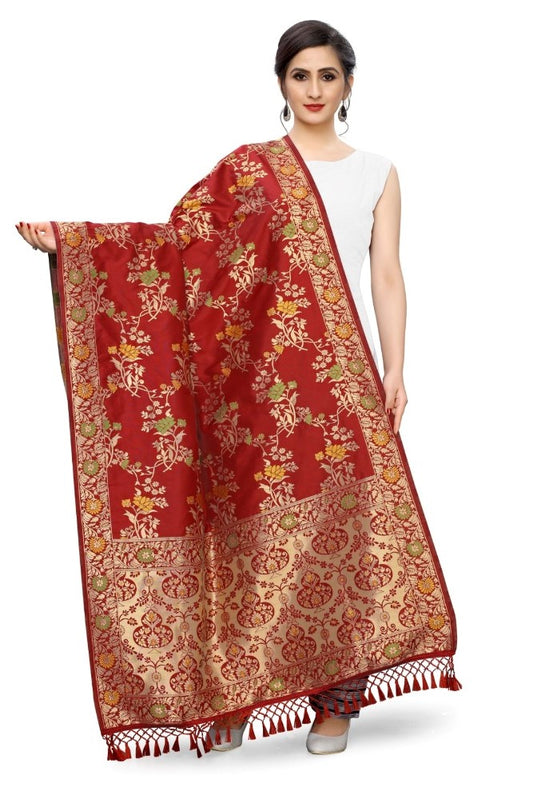 Generic Women's Silk Pure Zari weaving Duppatta (Maroon, Leangth: 2-2.3 Mtrs)