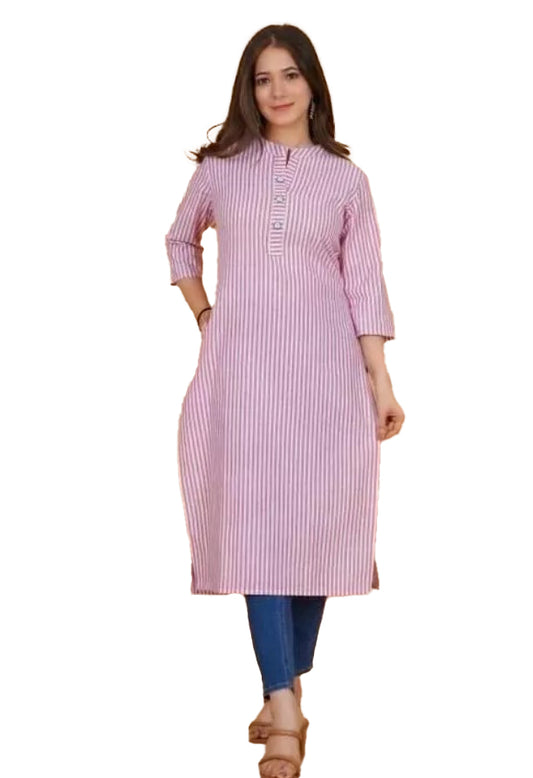 Generic Women's Cotton Blend Striped Pattern Calf Length A-line Kurti (Multicolor)