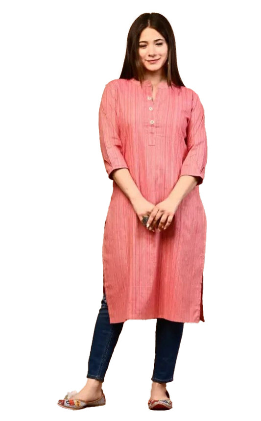 Generic Women's Cotton Blend Striped Pattern Calf Length Straight Kurti (Pink)