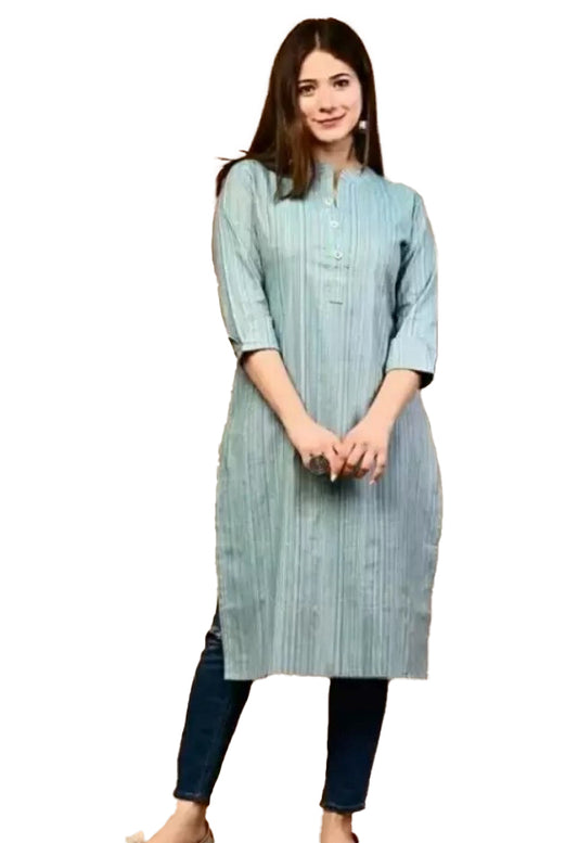 Generic Women's Cotton Blend Striped Pattern Calf Length Straight Kurti (Blue)